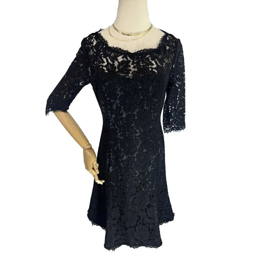 Eliza J Womens Size 4 Black Lace‎ Dress Sheer 3/4 Sleeve A-Line Fit Flare Lined